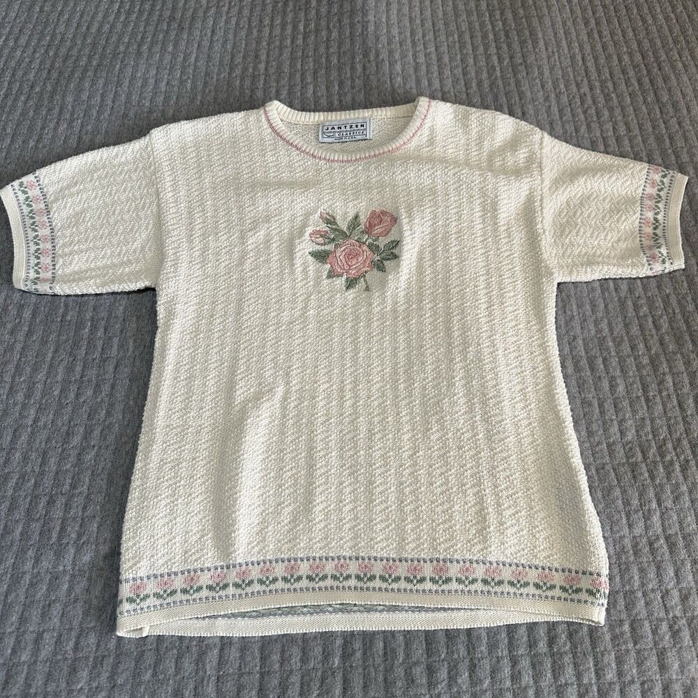 Vintage Jantzen 100% Cotton Easter Spring Crew Floral Tulip Sweater Women's S